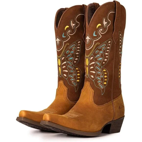 Women's Brown 1 Western Mid Calf Embroidered Cowgirl Country Full Leather Boots - Picture 4 of 9